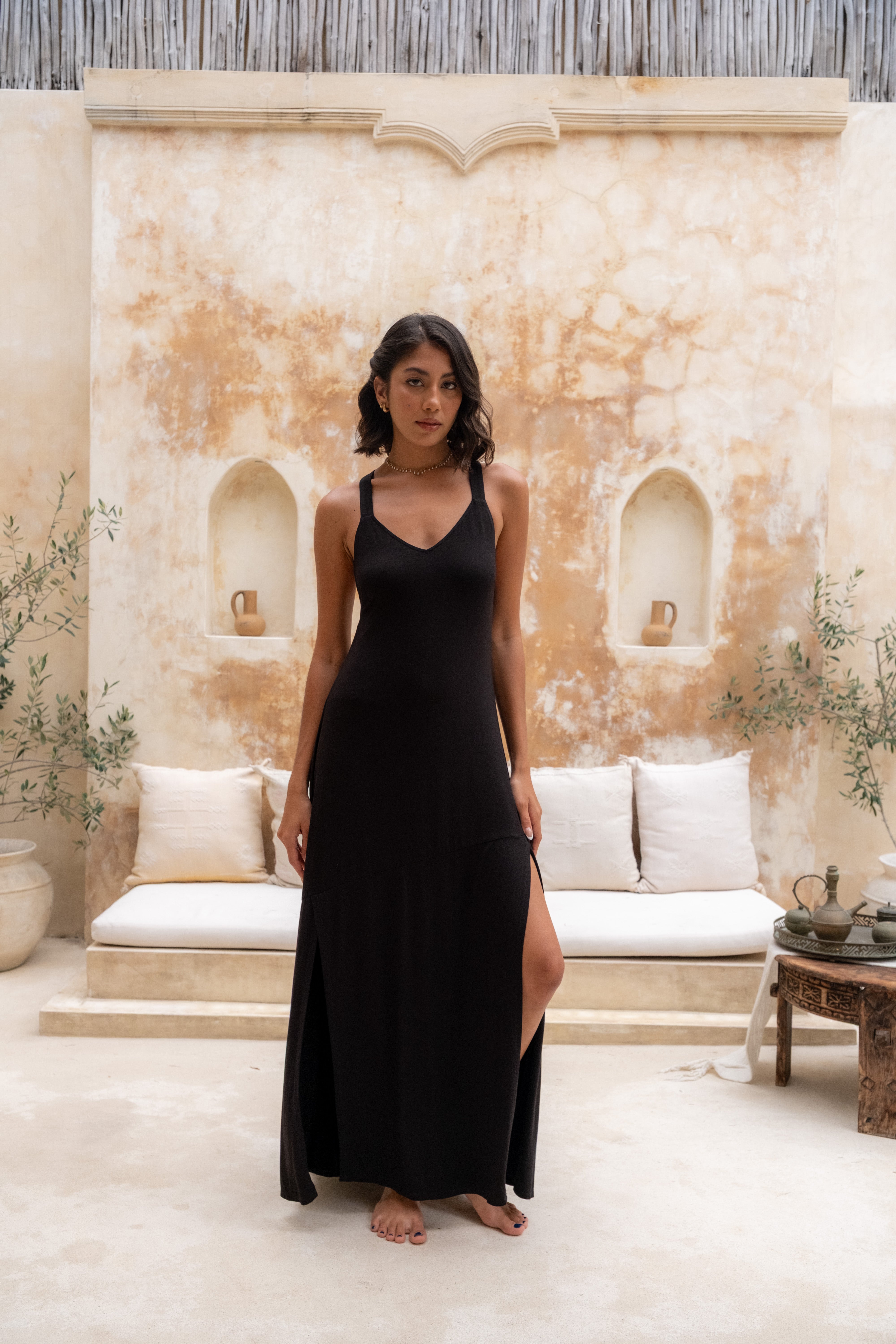 Isla Dress in Black | Bamboo Maxi Dress with Side Slit | Lost